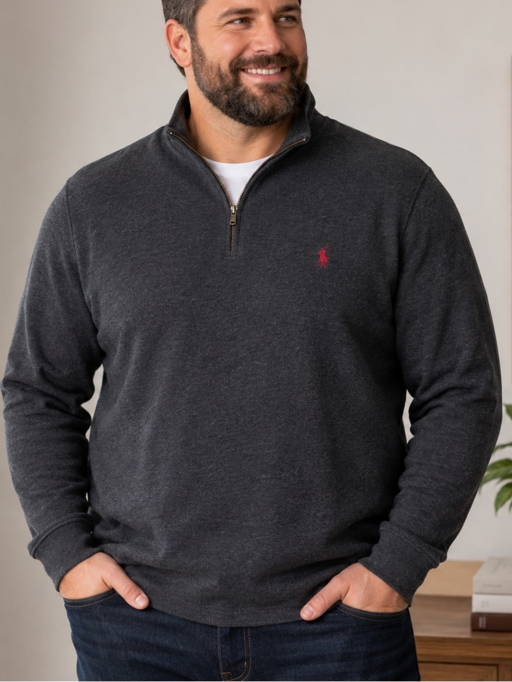 Polo Ralph Lauren Men’s XL Charcoal Gray Quarter Zip Pullover Red Pony